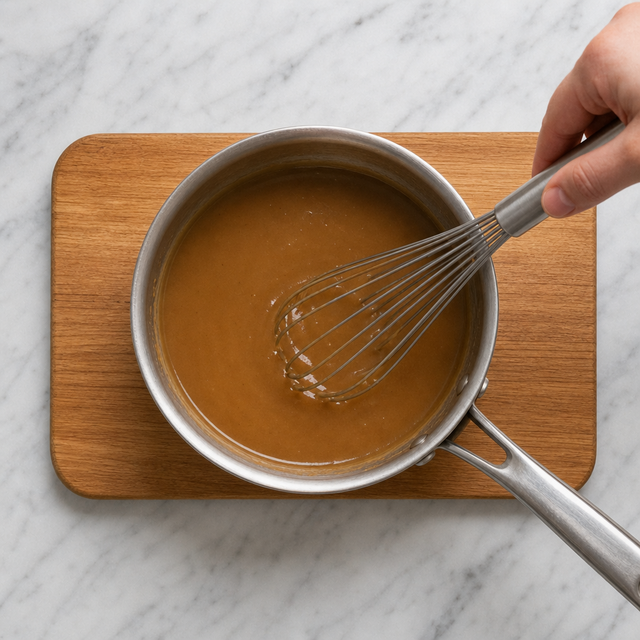 Whisking stock into a smooth gravy in a saucepan
