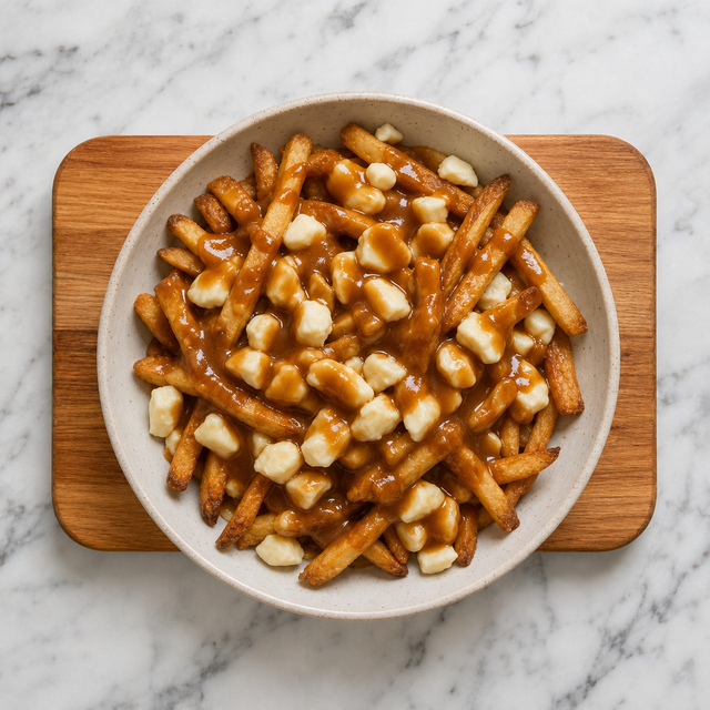 Classic poutine topped with cheese curds and brown gravy
