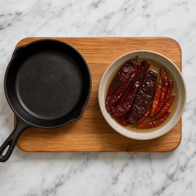 Toasted dried chiles soaking in hot water