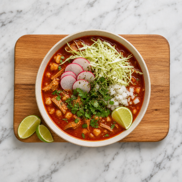 A garnished bowl of pozole rojo with lime wedges