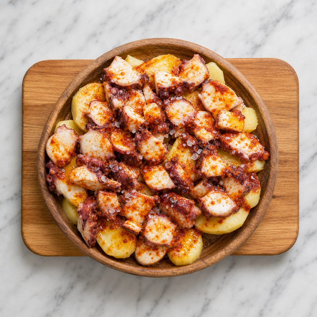 Sliced octopus over warm potatoes with paprika oil and flaky sea salt.