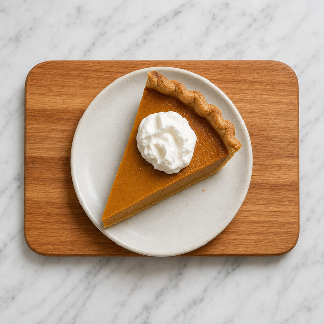 Slice of pumpkin pie showing smooth custard and crisp pastry