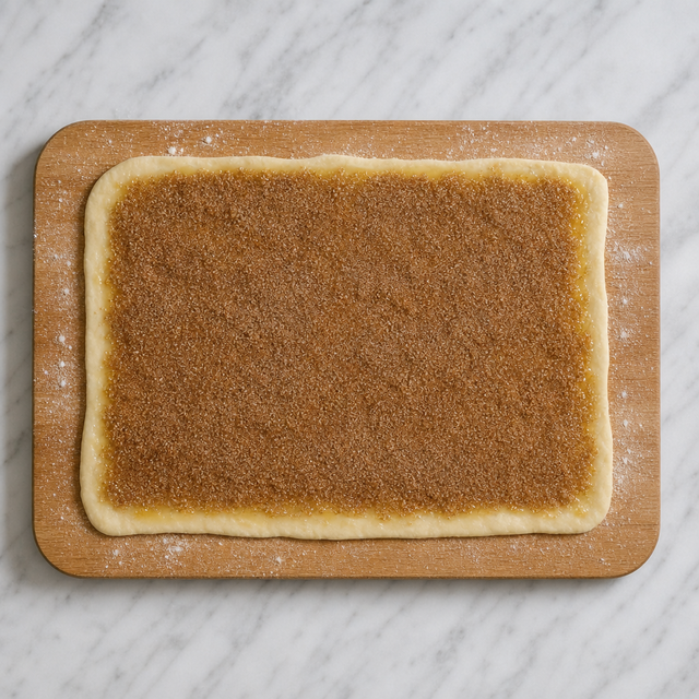 Rolled-out pastry covered with melted butter and cinnamon sugar