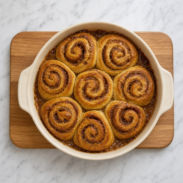 Golden cinnamon pastry rolls with caramelized maple edges