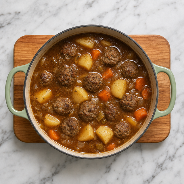 Meatball stew simmering with potatoes and carrots