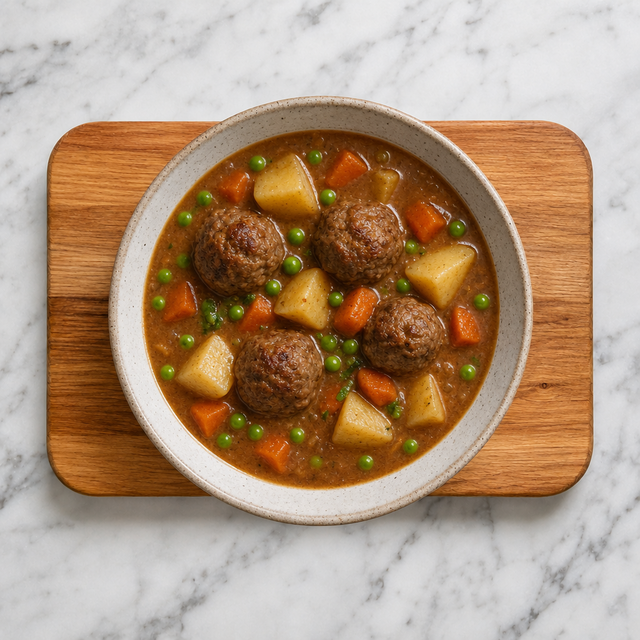 Bowl of Quebec meatball stew with potatoes, carrots, and peas