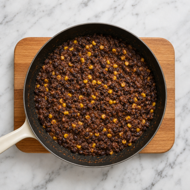 Thick black bean and corn filling simmering in a skillet