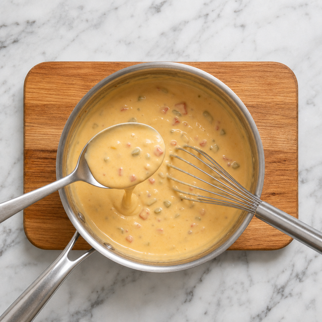 Glossy queso cheese sauce coating a spoon in a saucepan