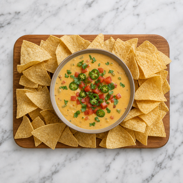 Bowl of golden queso dip with tomato, cilantro, jalapeño, and tortilla chips