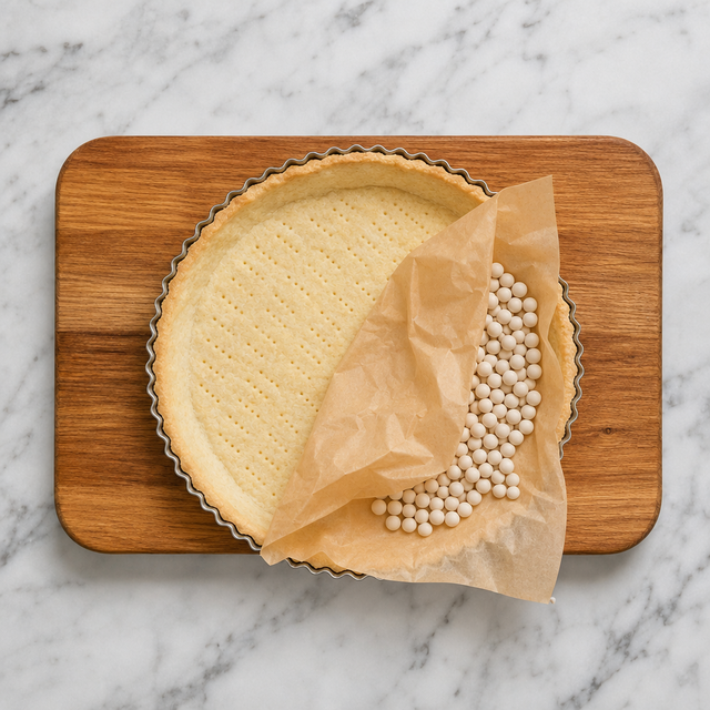 Blind-baked pastry shell with a pale golden base in a tart pan