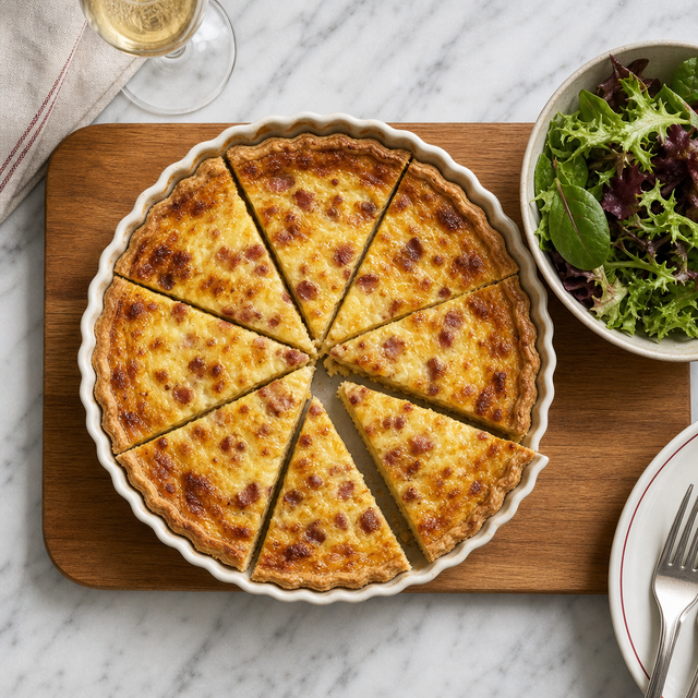 Golden Quiche Lorraine wedge with bacon and Gruyère beside a green salad