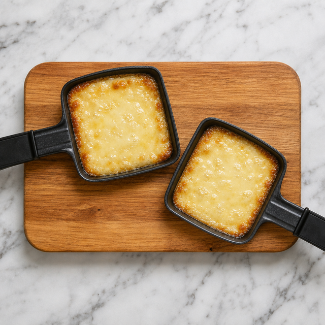 Raclette cheese bubbling in a small grill pan