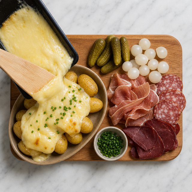 Melted raclette cheese served over potatoes with pickles and charcuterie
