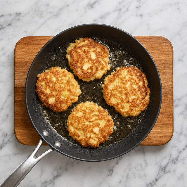 Golden Polish apple yeast pancakes cooking in a skillet