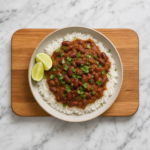 Rajma masala served over basmati rice with cilantro and lime