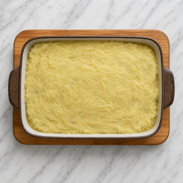 Layered chicken and potato mixture ready to bake