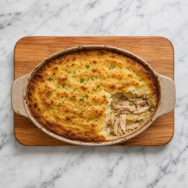 Golden Rappie Pie with a portion showing chicken and potato layers
