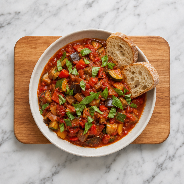 Finished ratatouille garnished with fresh basil and ready to serve
