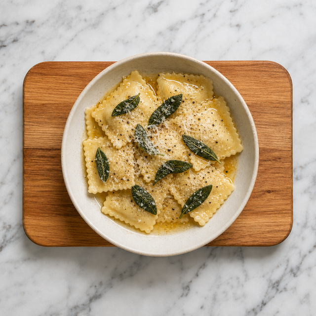 Ravioli with sage butter, Parmesan, and crisp sage leaves