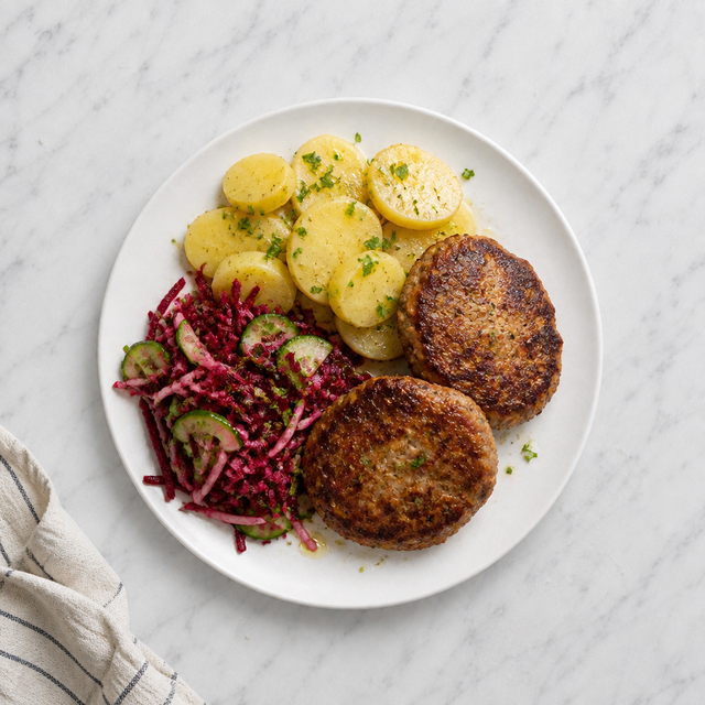 Polish-Style Pork Patties with Potatoes and Raw Beet Slaw