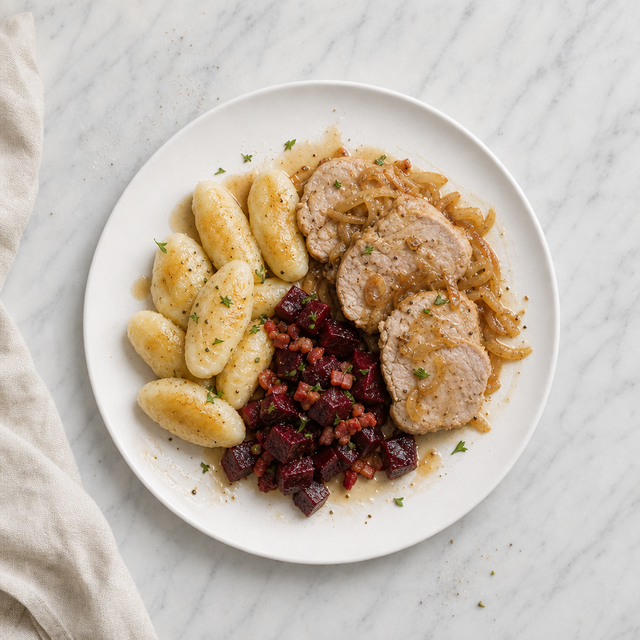 Soft Kopytka with Pork Loin, Bacon Beets, and Onion Pan Sauce