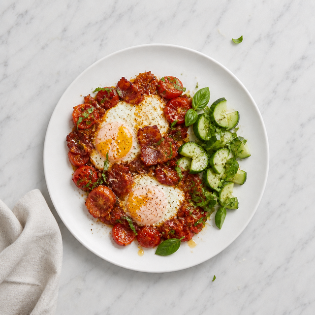 Crisp Bacon and Burst Tomato Skillet Eggs