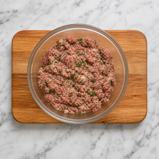 Mixed beef and pork mixture with parsley and onion in a bowl