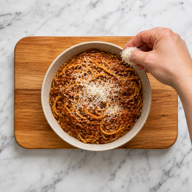 Spaghetti Bolognese topped with grated Parmesan in a warm bowl