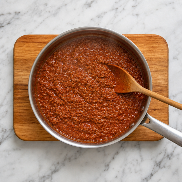 Thick glossy Bolognese ragù simmering in a saucepan