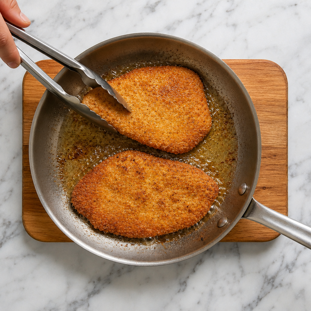 Golden pork schnitzel sautéing in hot oil