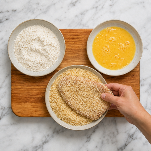 Pork cutlet coated in flour, egg, and breadcrumbs