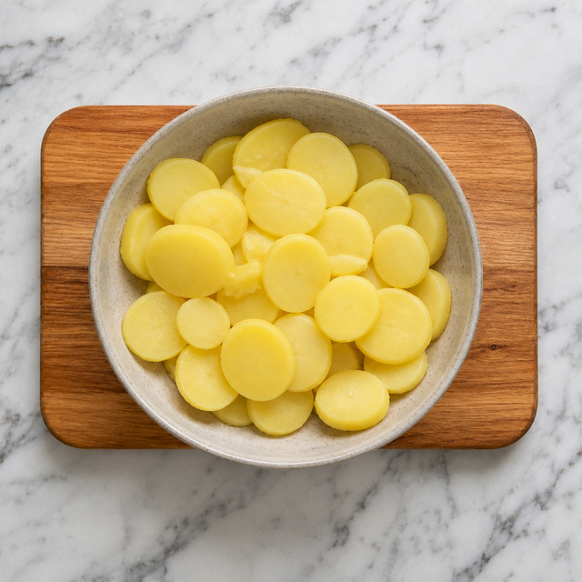 Warm sliced potatoes arranged in a serving bowl.