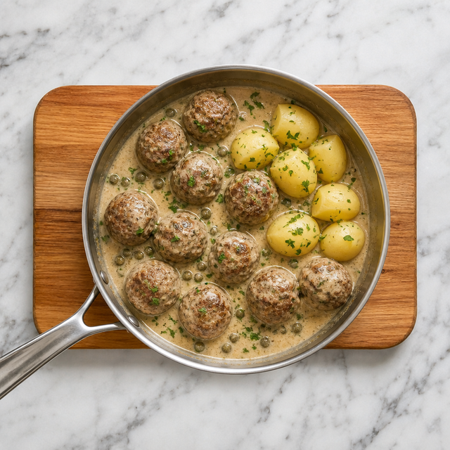 Meatballs served in creamy caper sauce with parsley