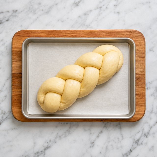 Three-strand braided yeast loaf before baking