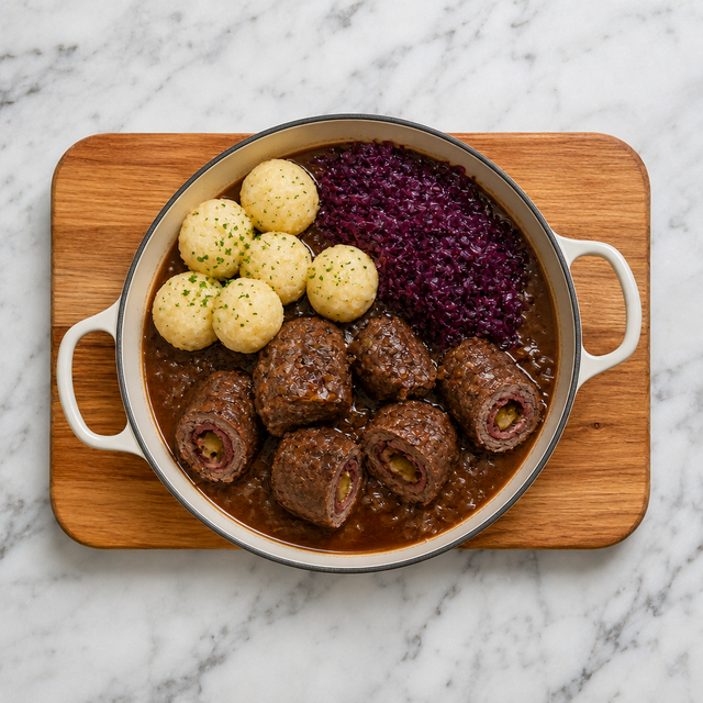 Tender beef roulades served in glossy gravy with potato dumplings