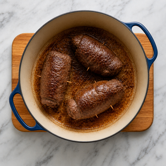 Beef roulades deeply browned in a Dutch oven