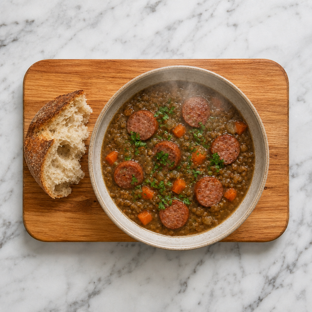 German lentil stew with sausage garnished with parsley and served with bread