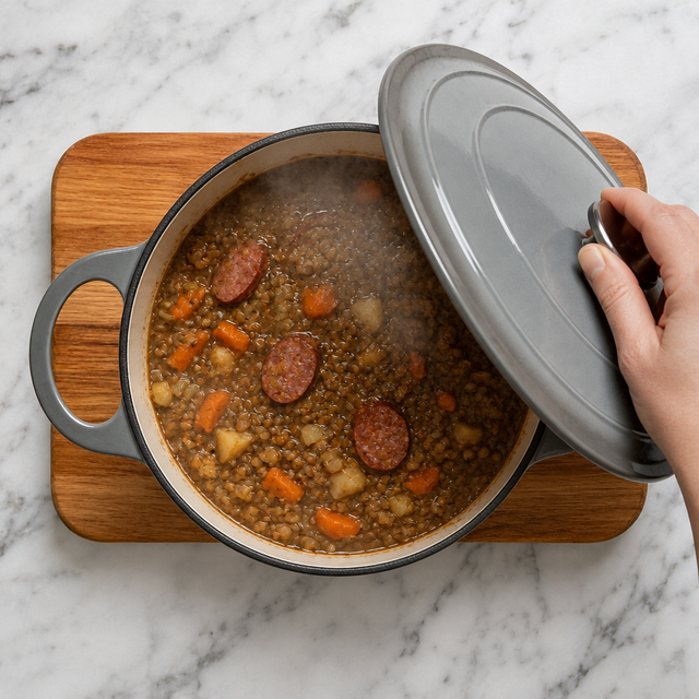Lentil stew simmered until the vegetables are tender and lentils remain intact