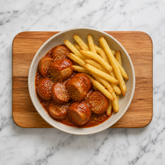 Currywurst with curry sauce served with fries