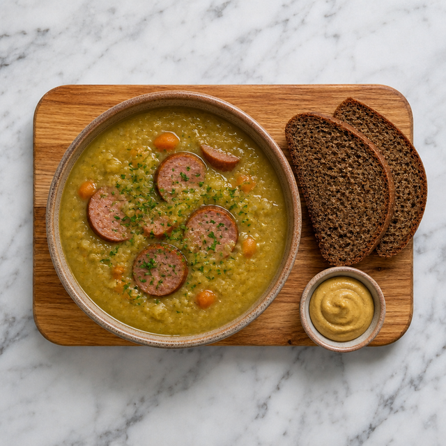 Bowl of split pea soup with sausage garnished with parsley