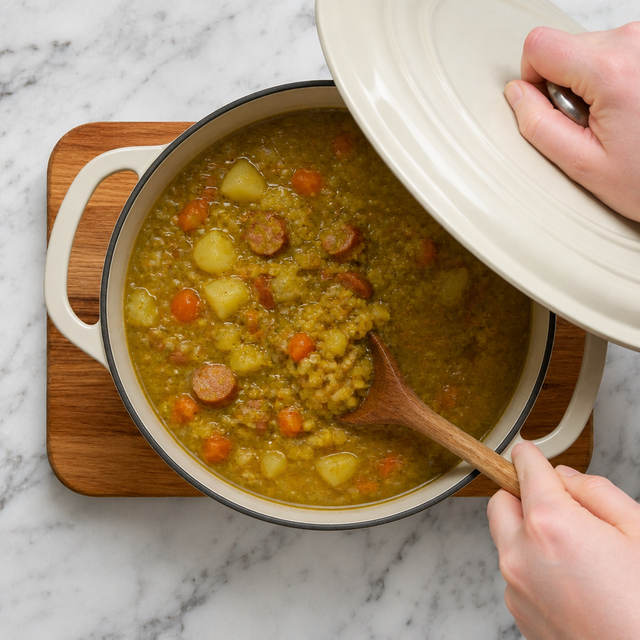 Split peas and potatoes simmering into a thick soup