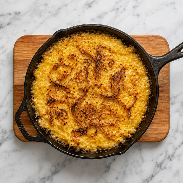 Finished Cheese Spätzle with bubbling golden cheese and caramelized onions