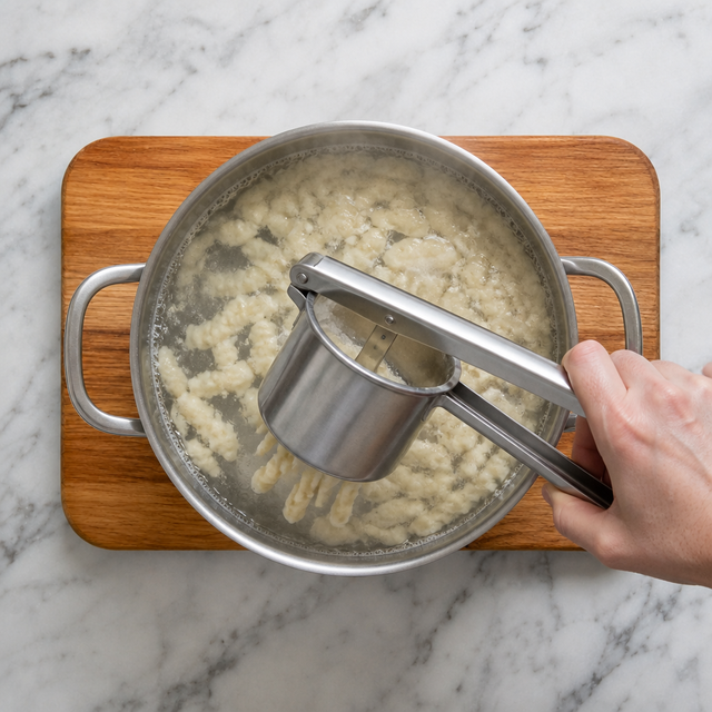 Fresh spätzle noodles cooking in boiling water