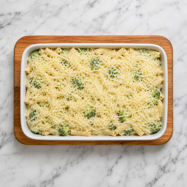 Creamy broccoli pasta topped evenly with grated Gouda before baking