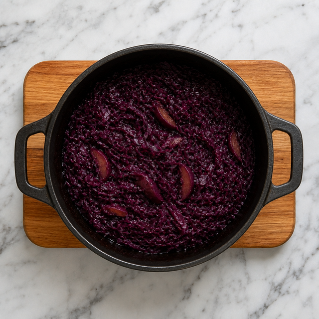 Glossy tender braised red cabbage in a Dutch oven