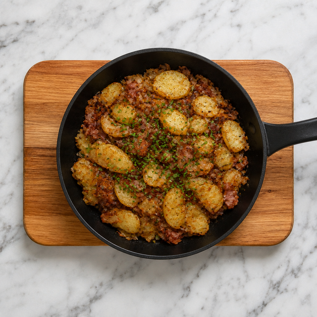 Finished pan-fried potatoes with bacon, onions, and chives