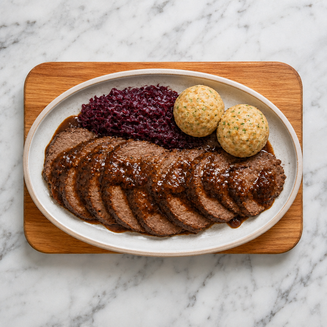 Sliced marinated pot roast with glossy German-style gravy