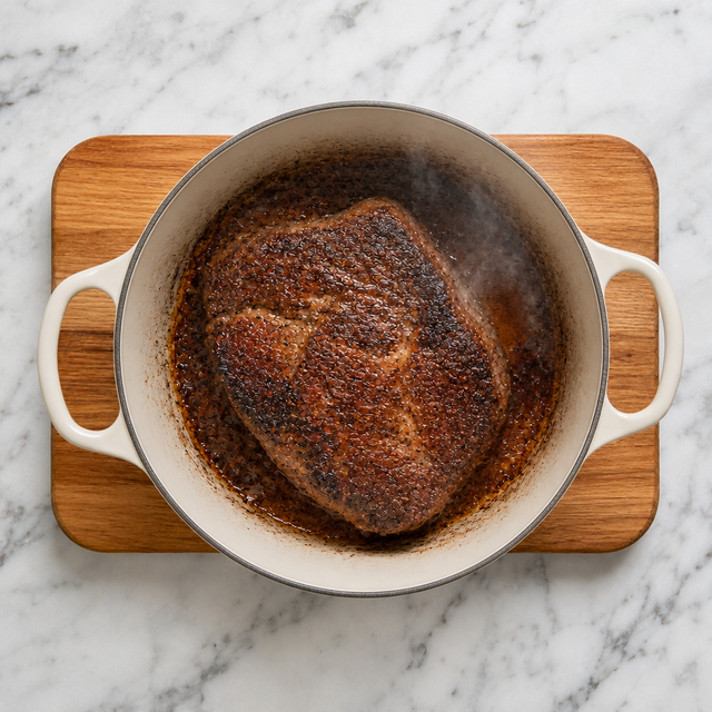 Beef chuck roast developing a deep brown crust in a Dutch oven