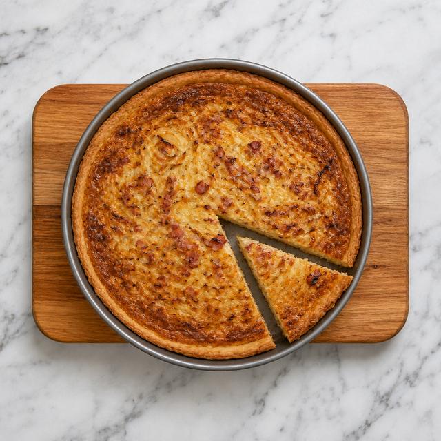 Golden German onion tart with a slice showing the set onion filling.