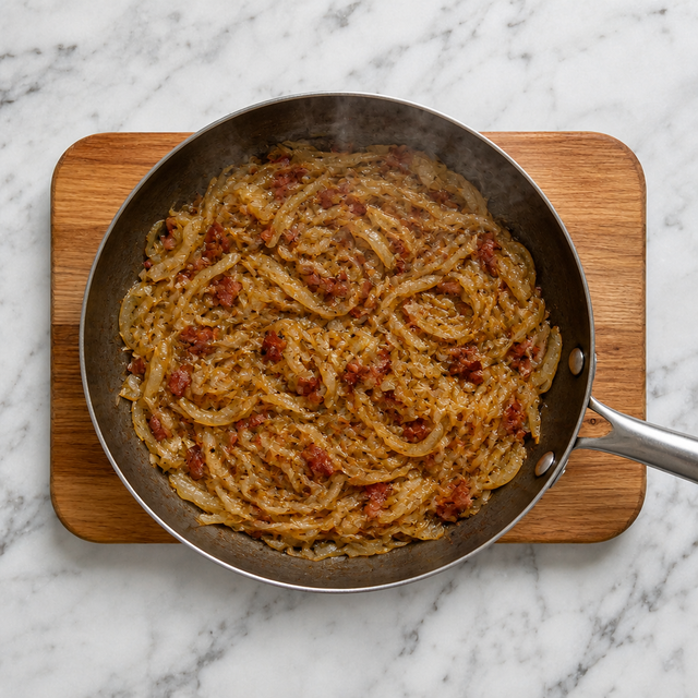 Soft golden onions and bacon cooking together in a skillet.